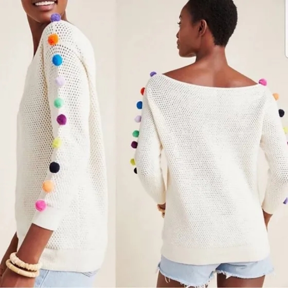 Anthropologie Sweater with Fuzzy Puff Ball Pom Accent Sleeves, size M - Picture 2 of 5